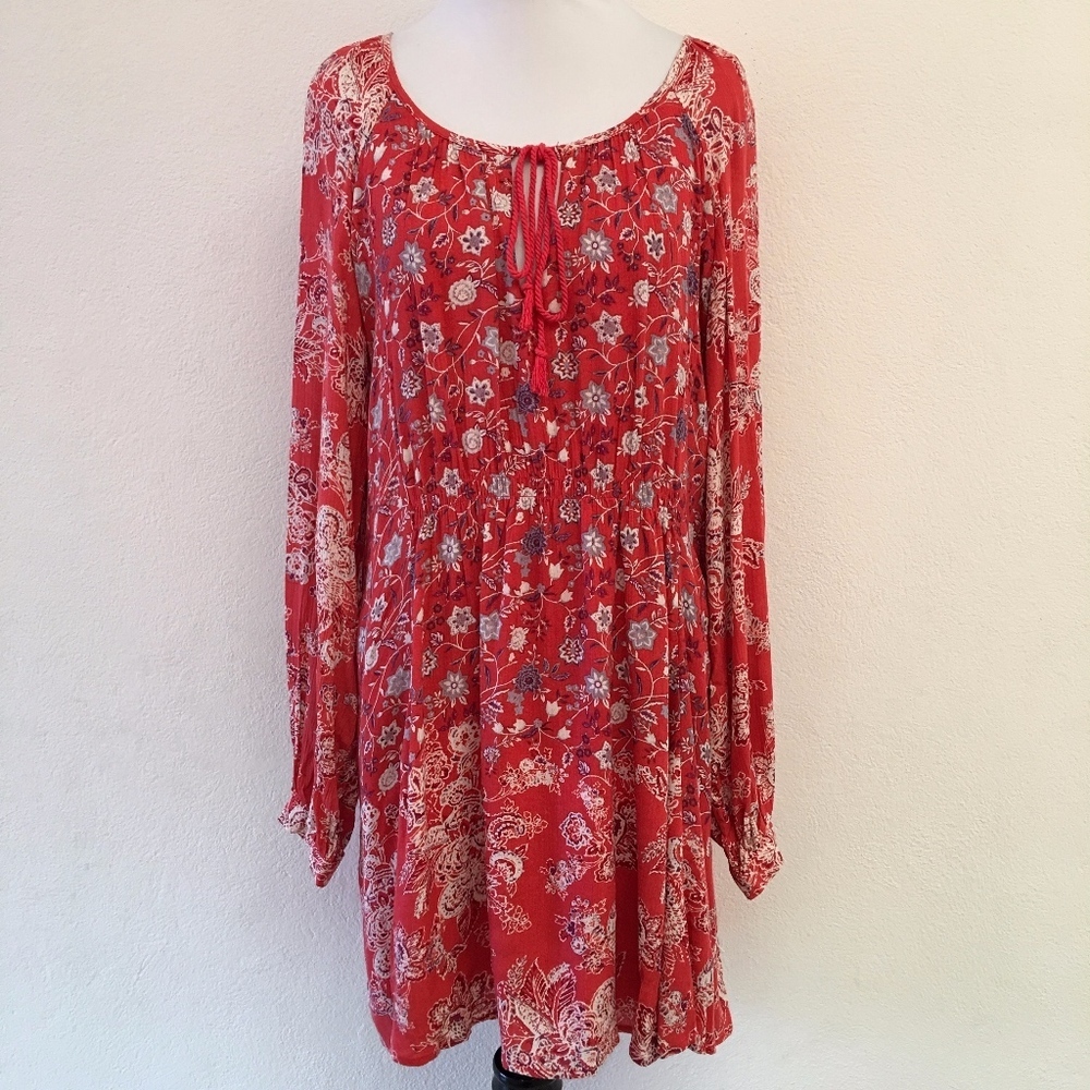 Free People Long Sleeve Red Floral Dress Size Med